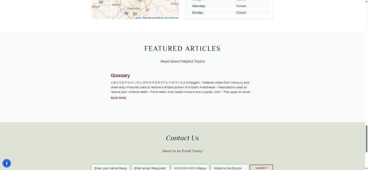 Featured Articles section of the practice website showing a single article titled Glossary, beginning with an alphabet and a definition of amalgam
