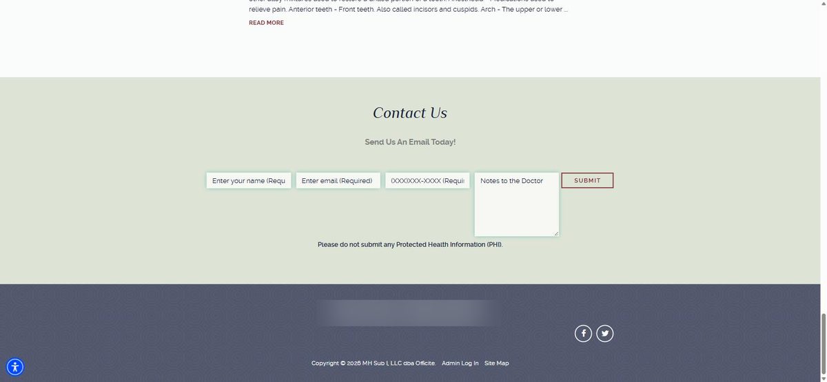 Contact form with fields for name, email, phone, and Notes to the Doctor, followed by the line Please do not submit any Protected Health Information, above a footer with the practice and doctor name blurred