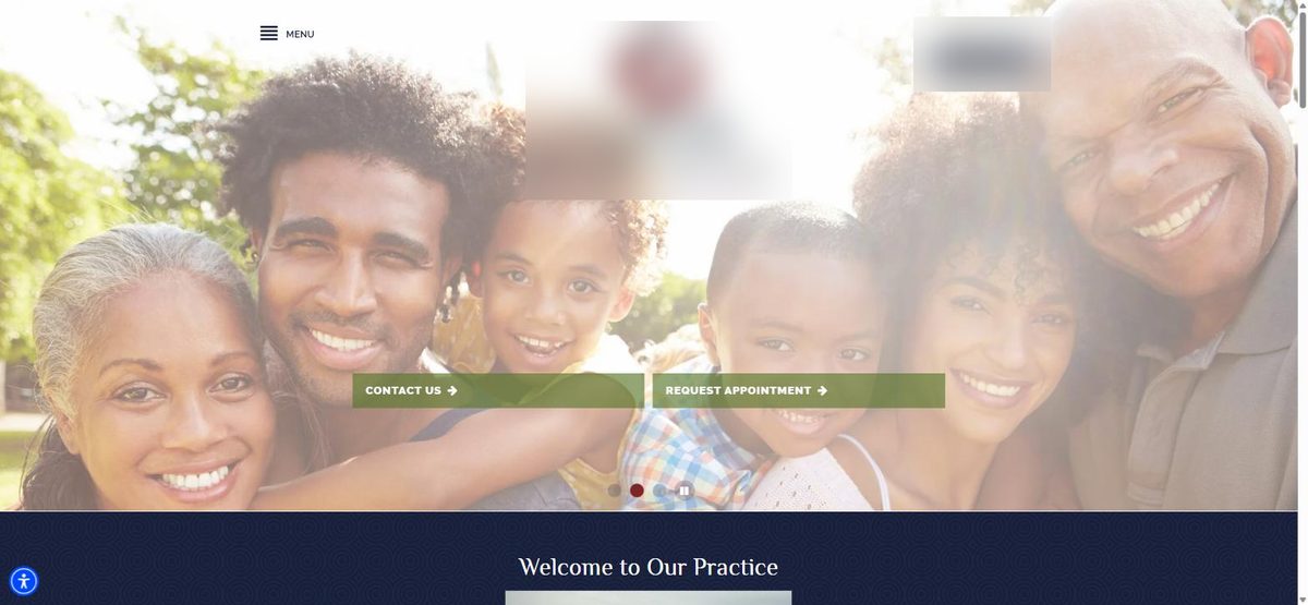 Practice website hero section showing a stock photo of a smiling family, a centered logo (blurred), a phone number and email top right (blurred), and two buttons reading Contact Us and Request Appointment